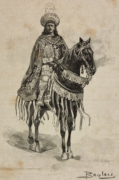 Prins av Neapel i kostym av stormästare av bebådelseorden vid Villa Borghese-turneringen i samband med silverbröllop av Umberto I och Margherita av Savojen, Rom, Italien av Ernesto Mancastroppa