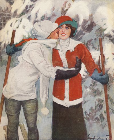 Parskidåkning på vintern (färg litho) av Ernst (after) Heilemann