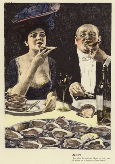 Äta ostron på en restaurang (färg litho) av Ernst (after) Heilemann