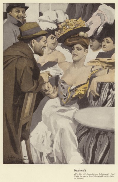 Nattcafé (litho i färg) av Ernst (after) Heilemann
