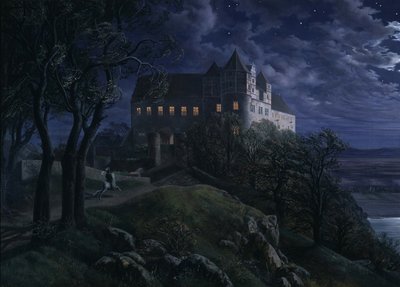 Slottet Scharfenberg på natten, 1827 av Ernst Ferdinand Oehme