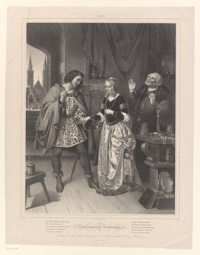 Man ber om en kvinnas hand Goldschmieds Töchterlein (titel på objekt) Guldsmedens dotter (serietitel) av Ernst Friedrich Oldermann
