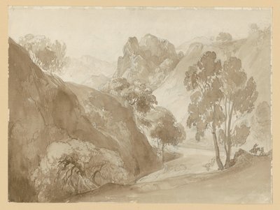 Floddal och bergslandskap, med figurer på vägen av Ernst Fries