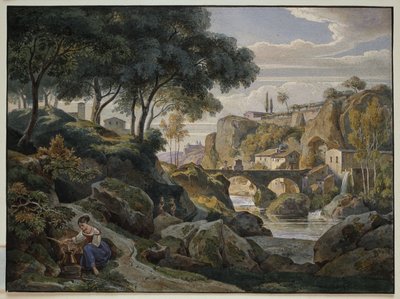 Italienskt bergslandskap med stenbro av Ernst Fries