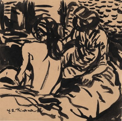 Två nakenbilder på en säng Isabella och en yngre flicka, ca. 1906. av Ernst Ludwig Kirchner