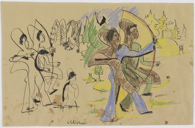 Archers, ca 1935 (penna och krita på brunt papper) av Ernst Ludwig Kirchner