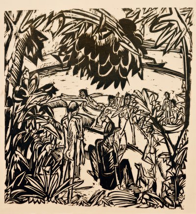 Badplats under trädgrenar av Ernst Ludwig Kirchner