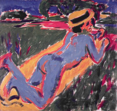 Blå liggande naken med stråhatt, 1908 av Ernst Ludwig Kirchner