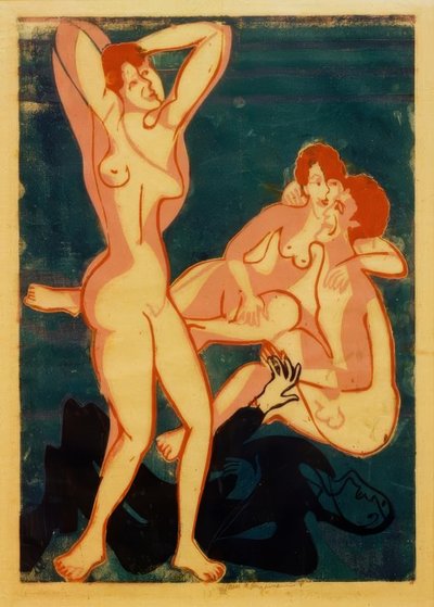 Tre nakenbilder och en liggande man av Ernst Ludwig Kirchner