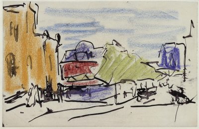 Flodlandskap med hus och gångbro av Ernst Ludwig Kirchner