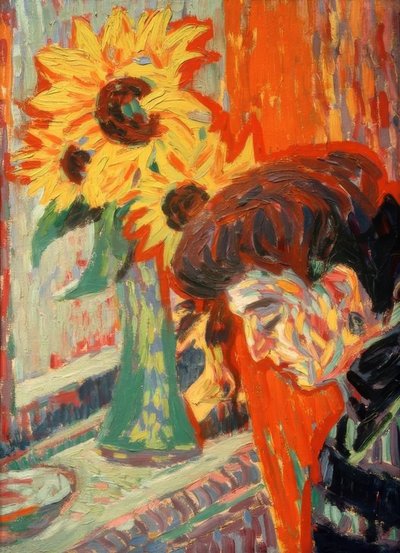 Kvinnans huvud framför solrosor av Ernst Ludwig Kirchner