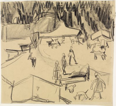 Bergsby (Staffelalp) med herdar och getter av Ernst Ludwig Kirchner