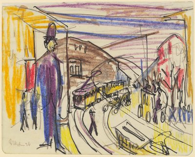 Stadsgata med spårvagnar av Ernst Ludwig Kirchner