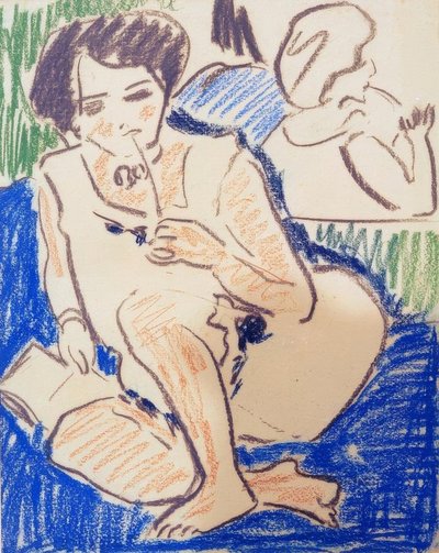 Hukande dodo med bok av Ernst Ludwig Kirchner