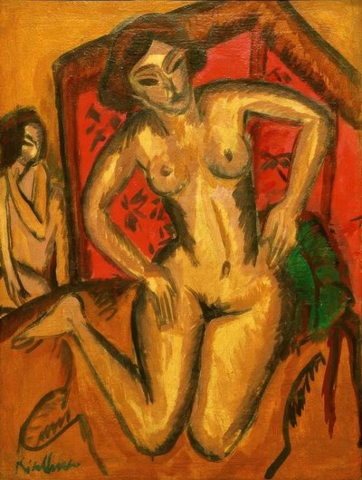 Knästående naken tjej framför en röd skärm av Ernst Ludwig Kirchner