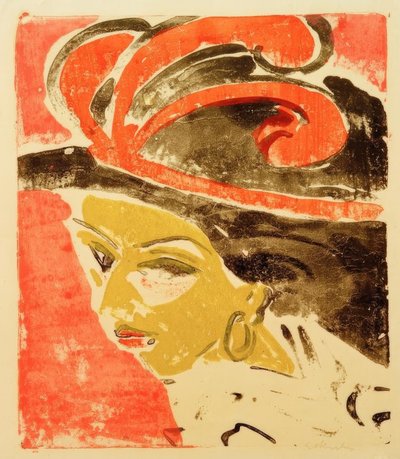 Cocottes huvud med fjäderhatt av Ernst Ludwig Kirchner