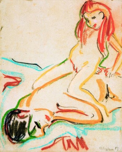 Liggande naken man med barn på ryggen av Ernst Ludwig Kirchner