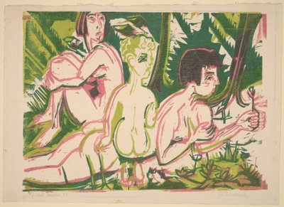 Nakna kvinnor med ett barn i skogen av Ernst Ludwig Kirchner