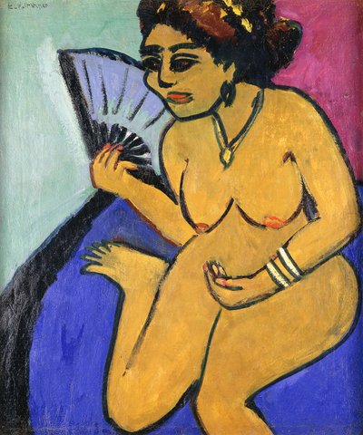 Sittande naken med fläkt; Sittande naken med fläkt, 1910-11 av Ernst Ludwig Kirchner