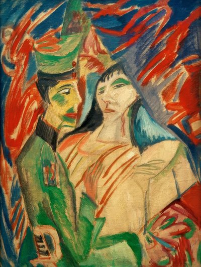 Soldat och flicka mellan färgglada gardiner av Ernst Ludwig Kirchner
