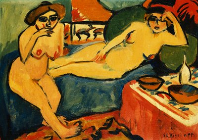 Två nakenbilder på en blå soffa; Två nakenbilder på blå soffa, ca 1910-1920 av Ernst Ludwig Kirchner