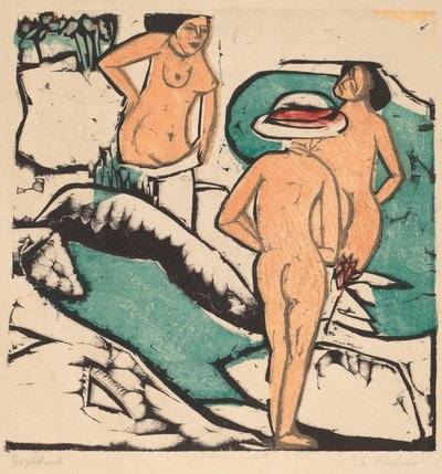 Kvinnor badar mellan vita stenar, 1912 (träsnitt i färg tryckt i svart, grönt, orange och rött) av Ernst Ludwig Kirchner