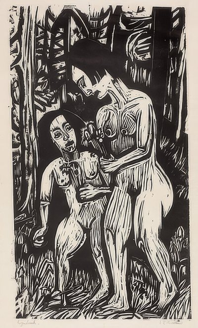 Två nakna flickor med blommor i skogen. 1923 av Ernst Ludwig Kirchner