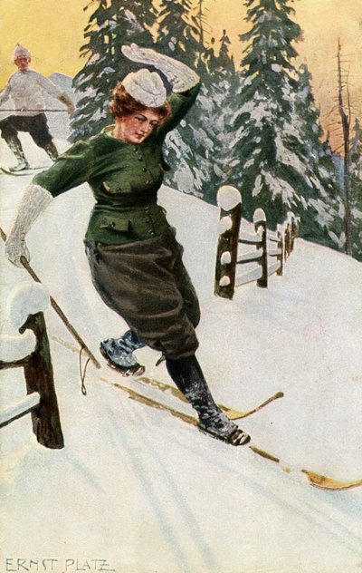 Kvinna som åker skidor, sent 1800-tal eller tidigt 1900-tal. av Ernst Platz