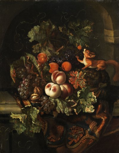 Stilleben med frukt och ekorre av Ernst Stuven