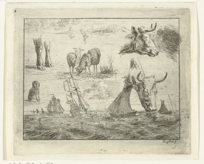 Studieblad med havsbild, två kohuvuden, får, en hund och två ben av Ernst Willem Jan Bagelaar
