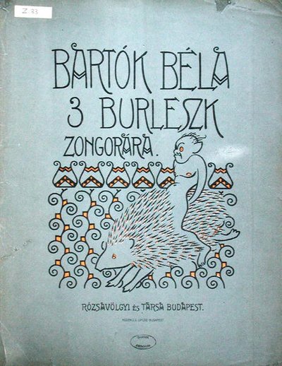 Främre omslag till ett partitur för tre burlesker för piano av Bela Bartok (1881-1945) 1912 (färg litho) av Ervin Voit