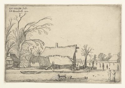 Gård vid frusen flod med skridskoåkare Liggande landskap (serietitel) av Esaias van de Velde