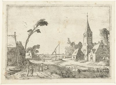Byutsikt med gårdar, kyrka och brunn Liggande landskap (serietitel) av Esaias van de Velde