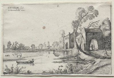 Landskap med en flod och ett porthus av Esaias van de Velde