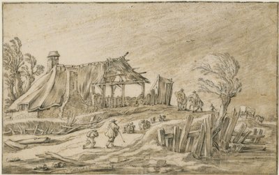Landsväg med fårhjord och ryttare i regnstorm av Esaias van de Velde
