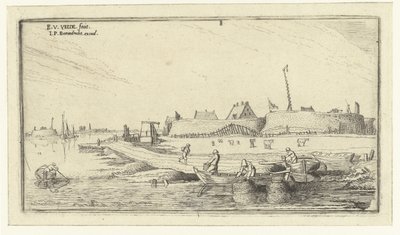 Roddbåtar med fiskare framför en fästning på Scheldt Landskap (serietitel) av Esaias van de Velde