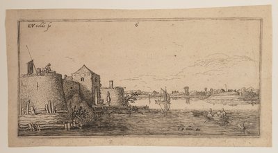 Inhägnad stad, till vänster om en flod, från Landskap av Esaias van den Velde I