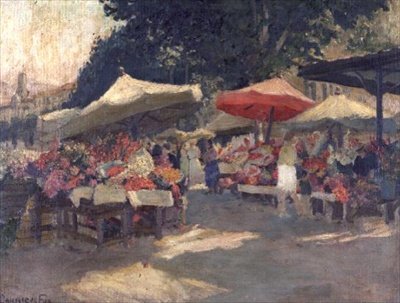 Upptagen marknad en sommardag av Ethel Carrick Fox