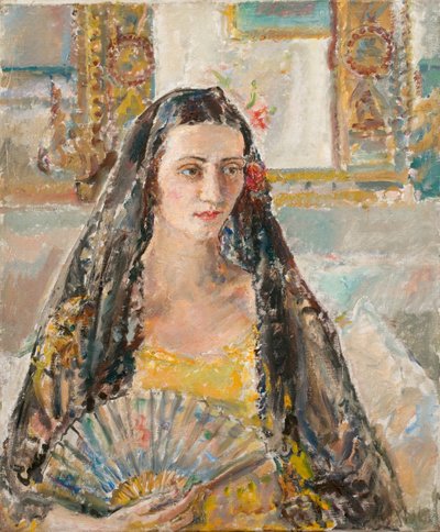 Dam med solfjäder, exh. 1926 (olja på duk) av Ethel Walker
