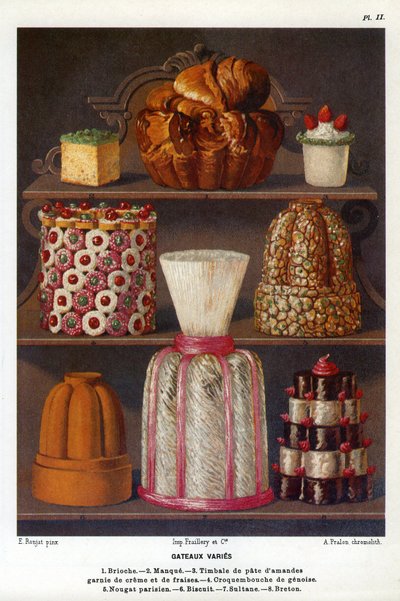 Kakor varierar: brioche, lack, timpani av mandelmassa toppad med grädde och jordgubbar, croquenbouche de genoise, parisisk nougat, kex, sultan, bretonsk - tallrik nr 2 från konditoriboken av Jules Gouffe, officer de bouche du Jockey-Club de Paris (kap av Etienne (after) Ronjat