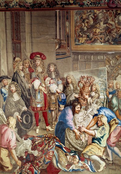 Besök av Ludvig XIV på Manufacture des Gobelins i närvaro av Jean Baptiste (Jean-Baptiste) Colbert (1619-1683) (i profil, till höger om kungen) och målaren Charles Lebrun (Le Brun) (1619-1690) ), 15 oktober av Etienne (studio of) Le Blond
