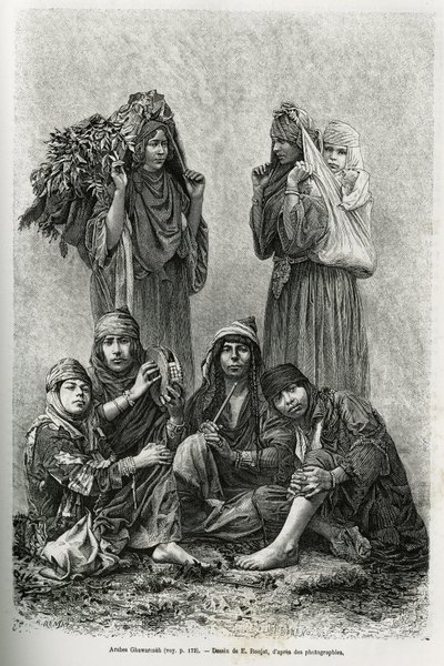 Araberna Ghawarineh, nomader från Dödahavsbassängen. Gravyr av E.Ronjat, för att illustrera historien om Syrien idag, av M.Lortet, dekanus vid Medicinska fakulteten i Lyon, anförd för ett vetenskapligt uppdrag av ministeriet för offentlig utbildning, publi av Etienne Antoine Eugene Ronjat