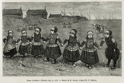 Barndanser i Marken (Nederländerna), gravyr efter en teckning av E. Ronjat, för att illustrera historien om Neerlande, av Charles de Coster, 1878, publicerad i tour du monde, under ledning av Edouard Charton av Etienne Antoine Eugene Ronjat