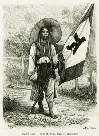 kinesiskt styre. Gravyr av E.Ronjat, efter ett fotografi, för att illustrera historien Trente mois au Tonkin 1884, av Doctor Hocquard, i le tour du monde 1889, regisserad av Edouard Charton (1807-1890), Hachette, Paris. av Etienne Antoine Eugene Ronjat