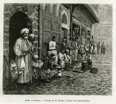 Damaskus basar. Gravyr av E.Ronjat, för att illustrera berättelsen La Syria d