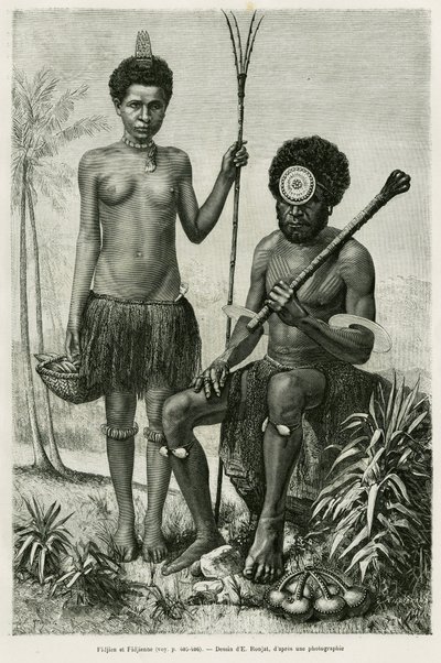 Fijian par. Gravyr av E.Ronjat för att illustrera berättelsen Promenades en Oceanie, av Aylic Marin, i le tour du monde 1887, regisserad av Edouard Charton (1807-1890), Hachette, Paris. av Etienne Antoine Eugene Ronjat