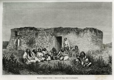 Hus och invånare i Jeriko (Västbanken). Gravyr av E.Ronjat, för att illustrera historien om Syrien idag, av M.Lortet, dekanus vid Medicinska fakulteten i Lyon, anförd för ett vetenskapligt uppdrag av ministeriet för offentlig utbildning, publicerad i Tour av Etienne Antoine Eugene Ronjat
