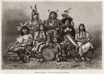 Indiska krigare och deras fruar (Texas). Gravyr efter teckningen av E.Ronjat, för att illustrera historien La conquete blanche, av William Hepworth Dixon, 1875, publicerad i "" Le tour du monde""" 1876, redigerad av Edouard Charton, Hachette-upplagan, Pari av Etienne Antoine Eugene Ronjat