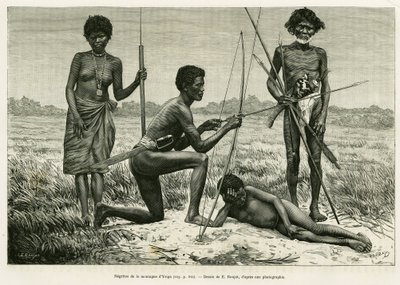 Negritos från Yriga-berget. Gravyr av E.Ronjat för att illustrera berättelsen Lucon och Palaouan, sex år i Filippinerna, av Alfred Marche (1844-1898), i le tour du monde 1886, regisserad av Edouard Charton (1807-1890), Hachette, Paris. av Etienne Antoine Eugene Ronjat