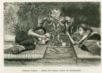 Opiumrökare. Gravyr av E.Ronjat, efter ett fotografi, för att illustrera historien Trente mois au Tonkin 1884, av Doctor Hocquard, i le tour du monde 1889, regisserad av Edouard Charton (1807-1890), Hachette, Paris. av Etienne Antoine Eugene Ronjat